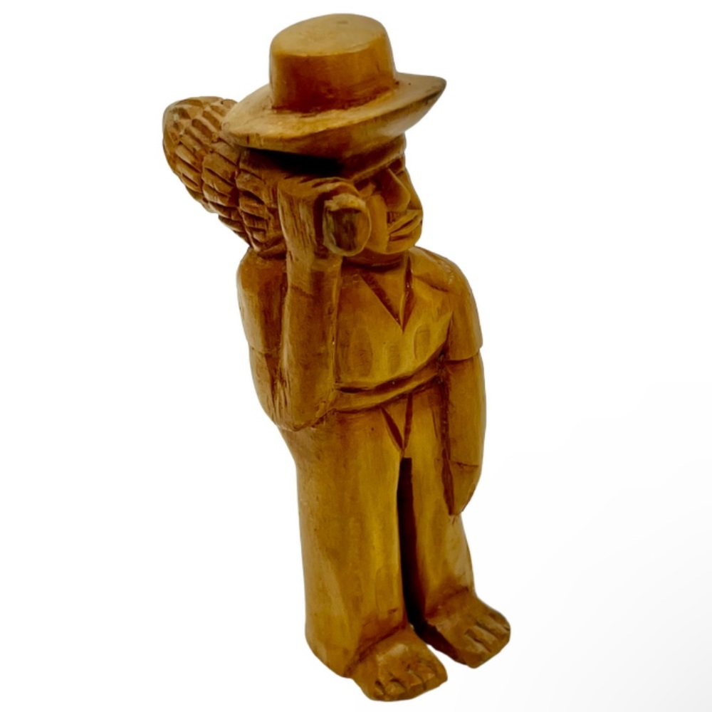 HAND-CARVED Wood Latin-American Figurine, Man with Bananas, Vintage Collectible